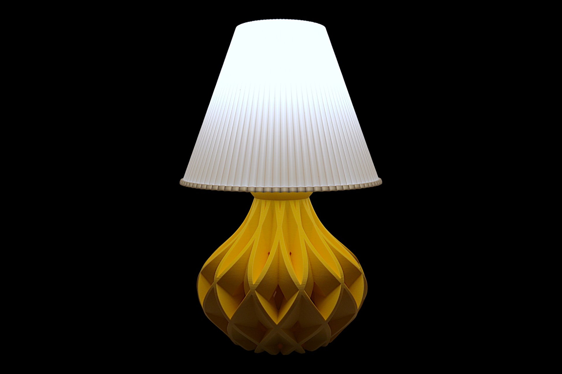 Table lamp – white pleated lampshade with sculptural yellow lattice-style base, labeled “Vima Shade”
