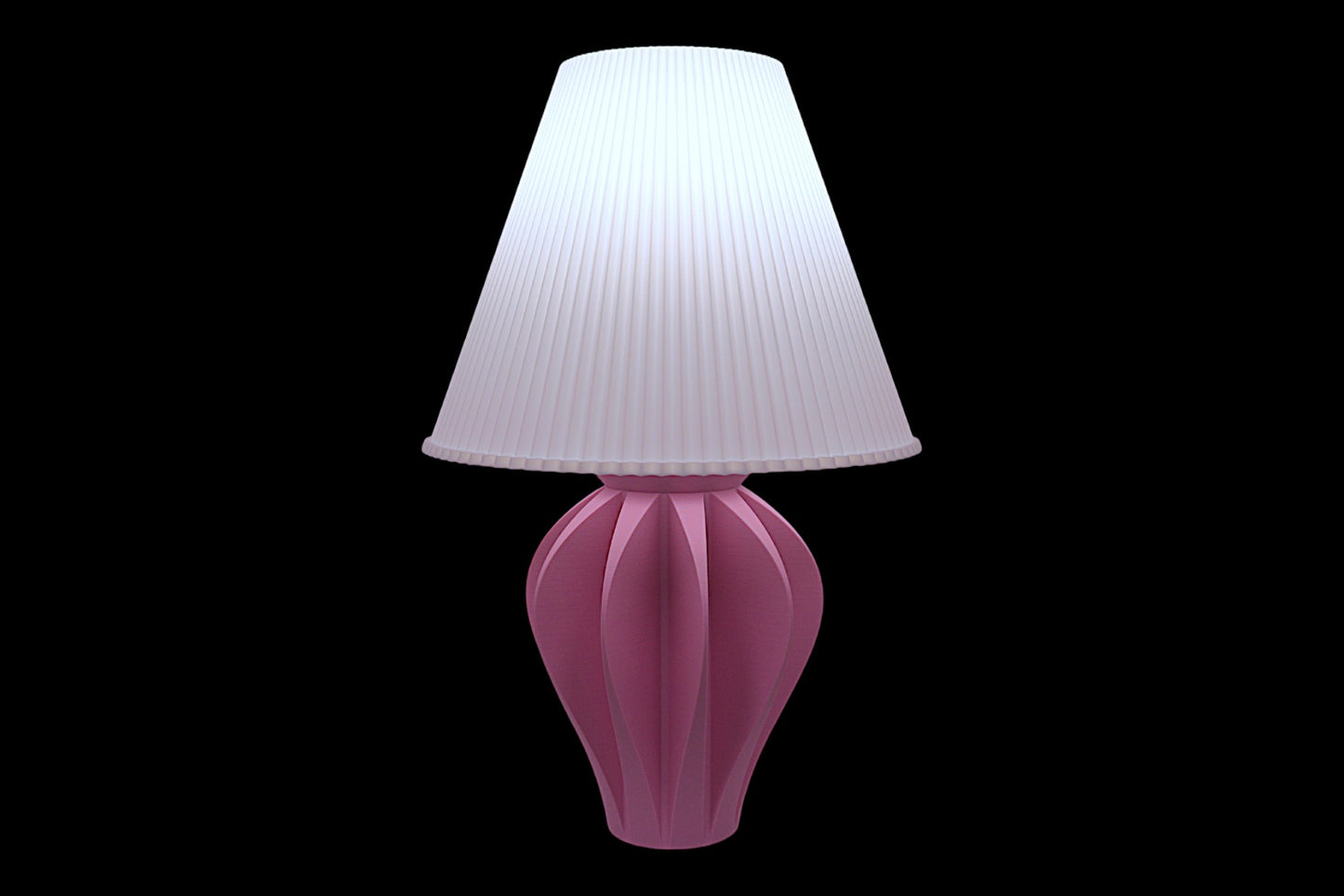 Pink table lamp with a white pleated shade on a black background