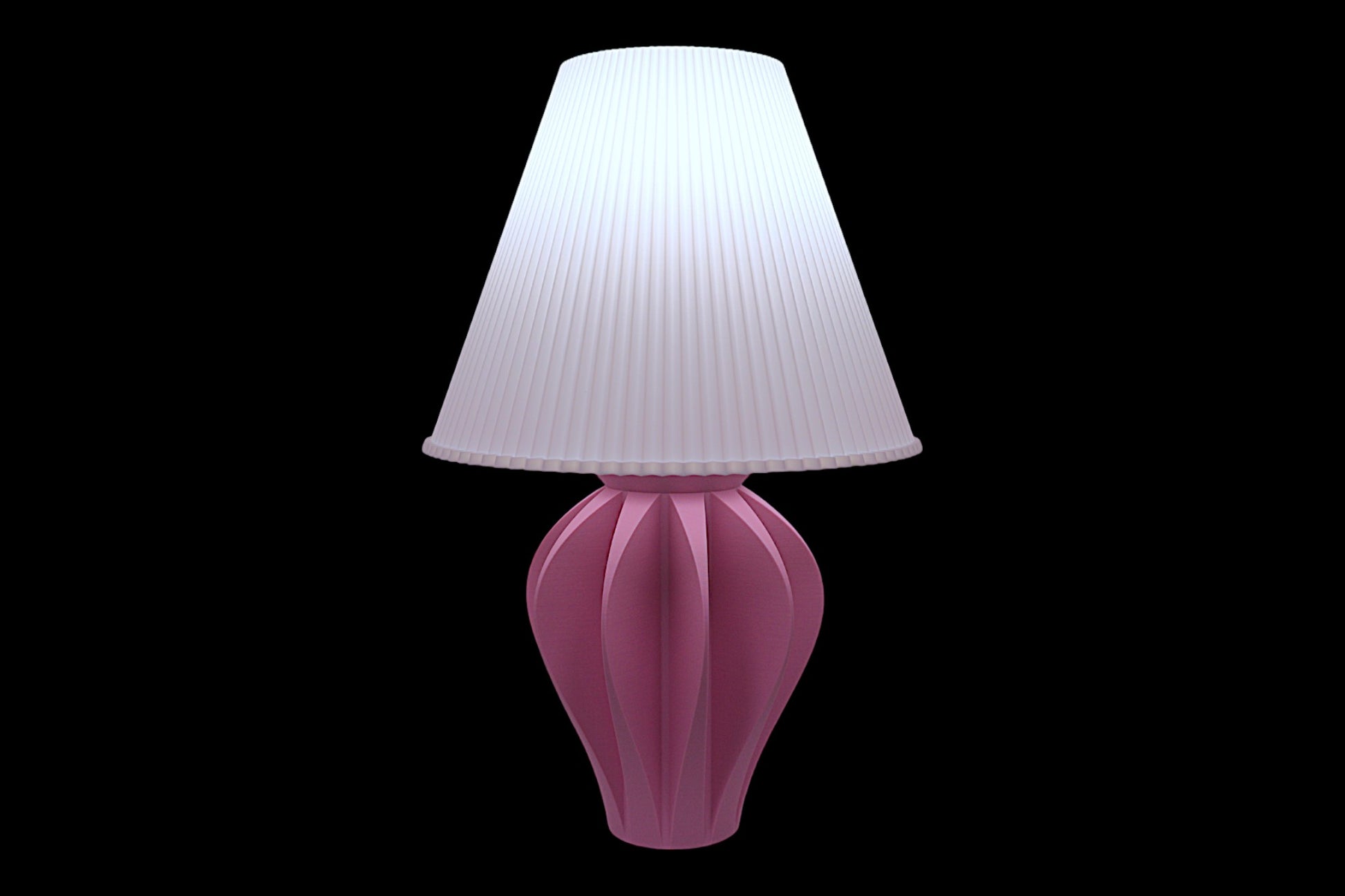 Pink table lamp with a white pleated shade on a black background