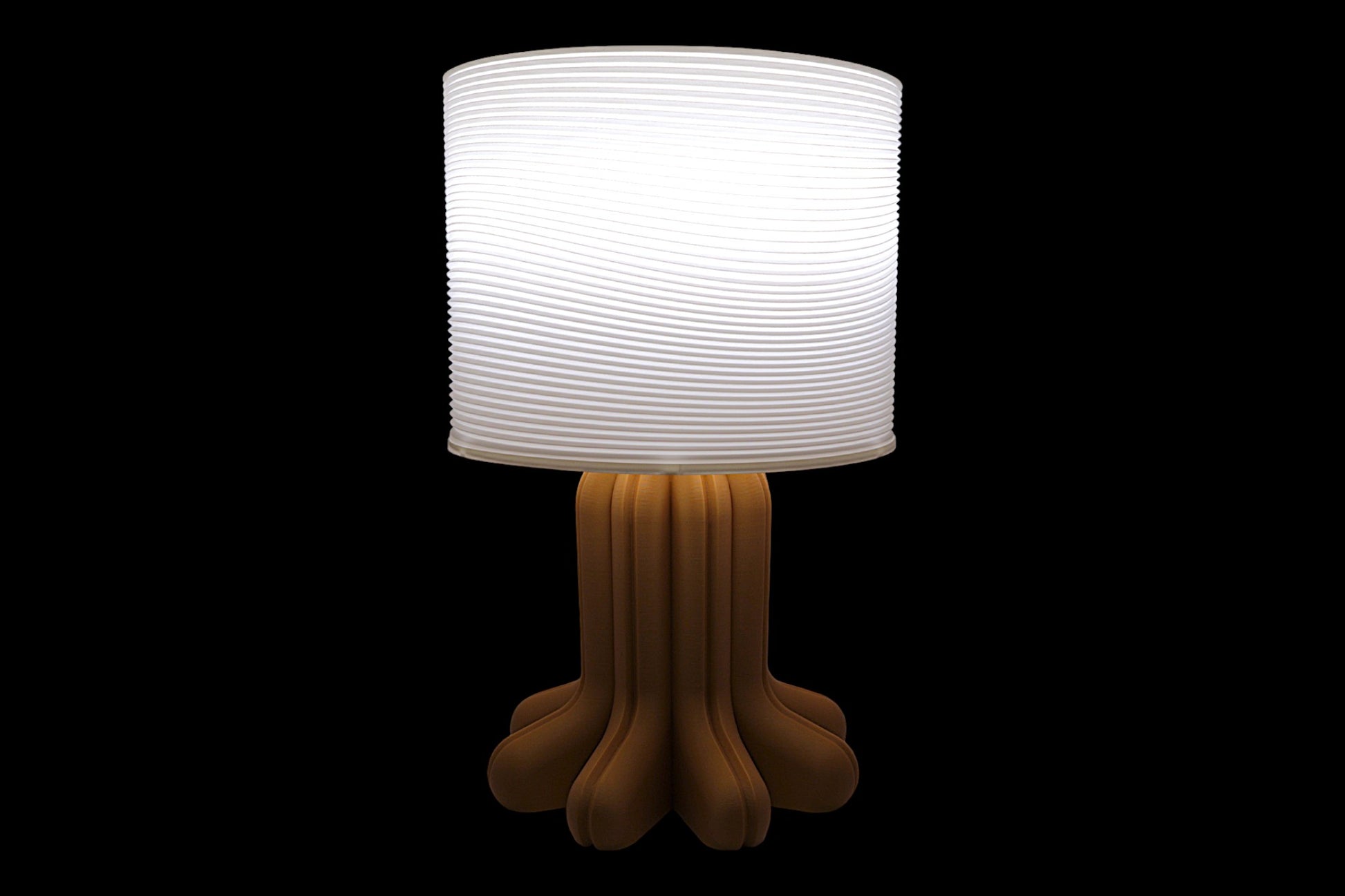 Table lamp with a white shade and brown base on a black background