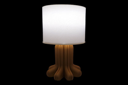 Table lamp with a white shade and brown base on a black background