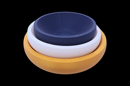 Catch-all trays – 3-pack set in mustard yellow, white, and navy blue PLA, nested round shape
