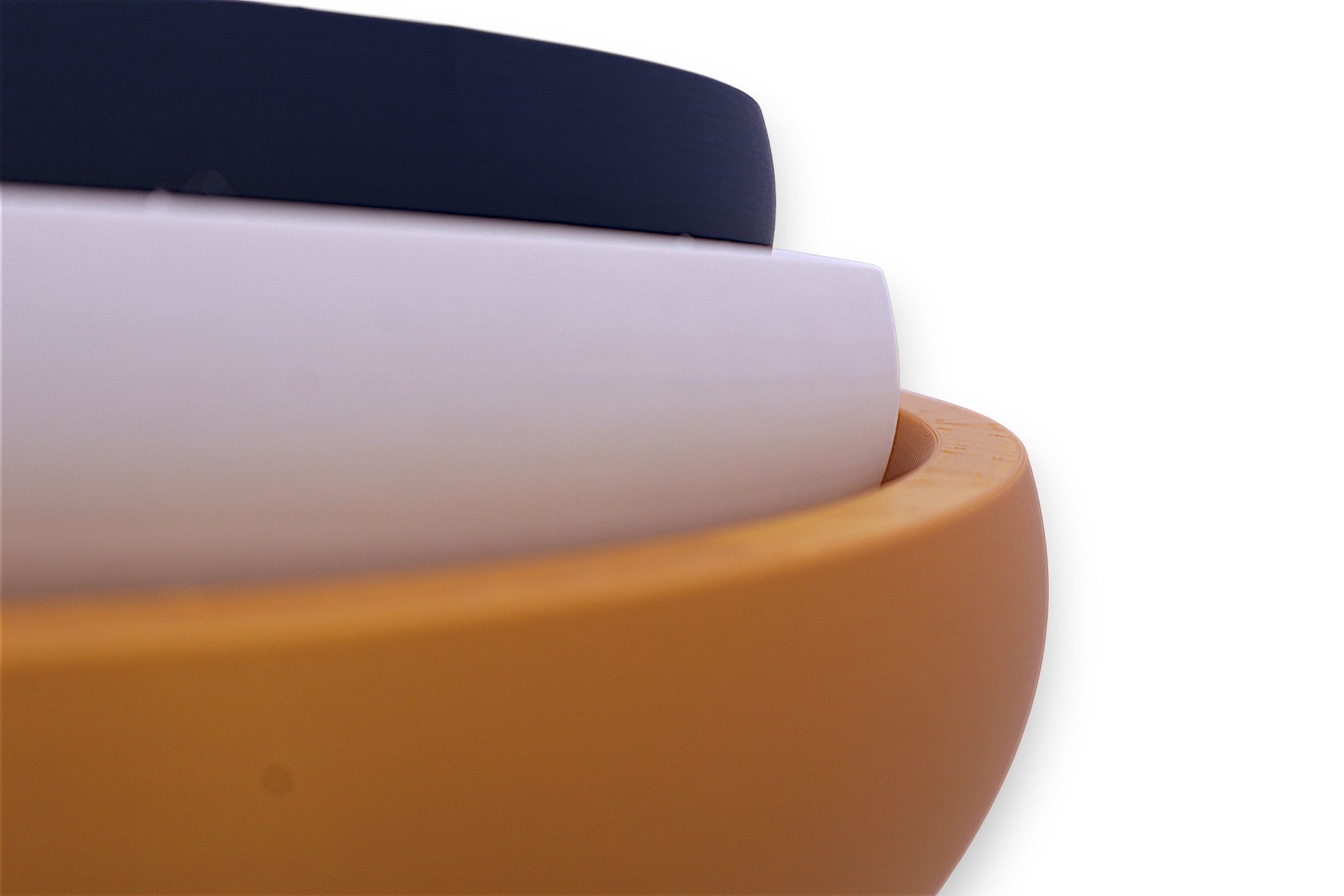 Catch-all trays – 3-pack set in orange, white, and navy blue PLA, nested round shape with curved surfaces
