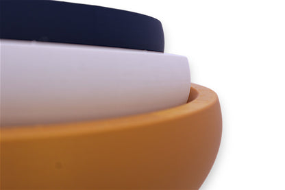 Catch-all trays – 3-pack set in orange, white, and navy blue PLA, nested round shape with curved surfaces
