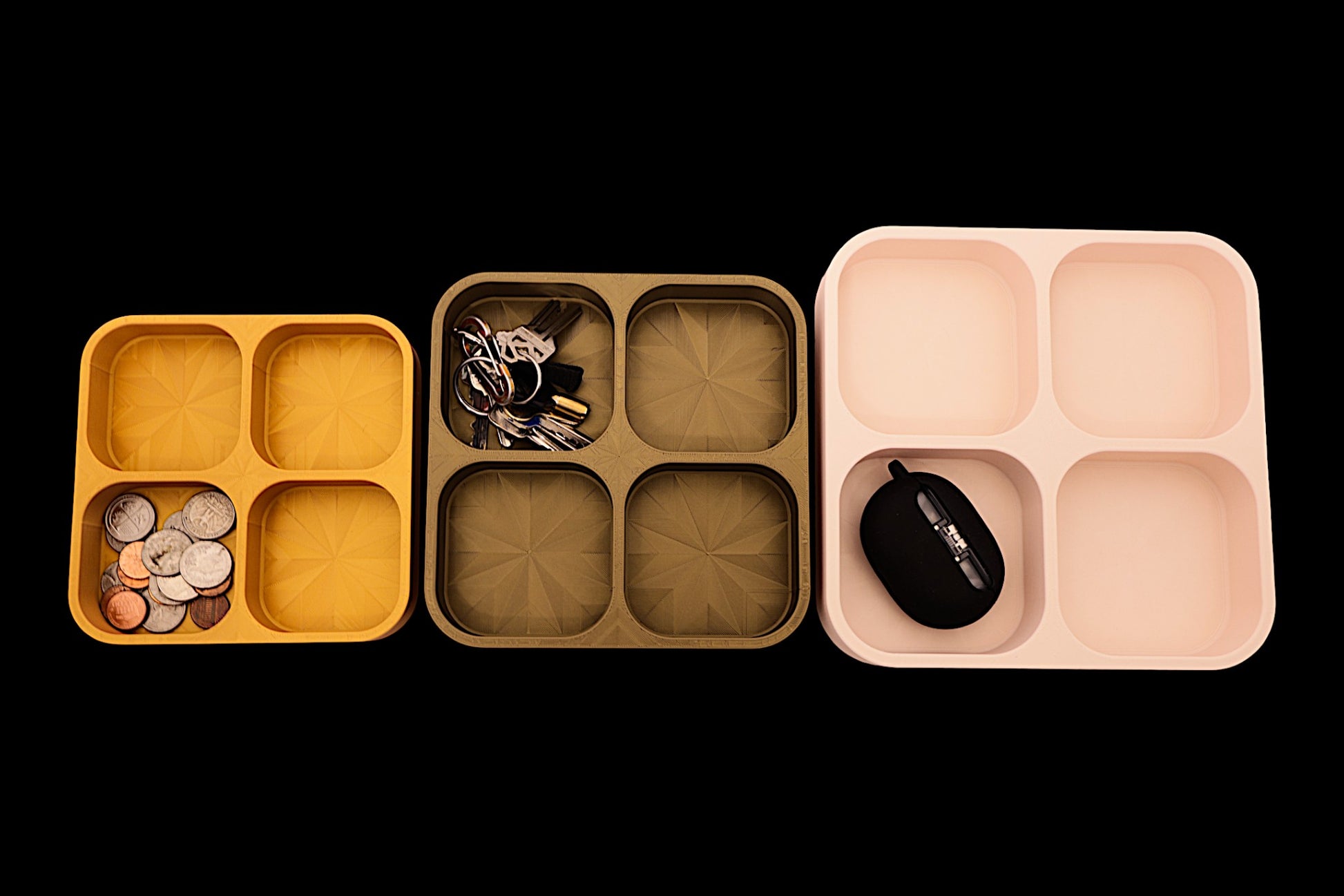 Catch-all trays – 3-pack set in yellow, olive green, and light pink PLA, each with four compartments, shown with coins, keys, and mouse
