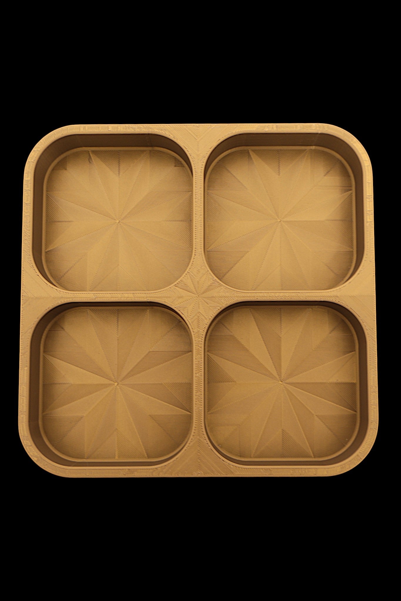 Catch-all tray – 3D printed in bronze PLA with four square compartments and starburst base pattern, shown empty

