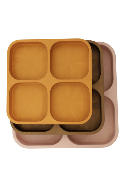 Catch-all trays – 3-pack set in mustard yellow, bronze, and light pink PLA, stacked square shape with four compartments each
