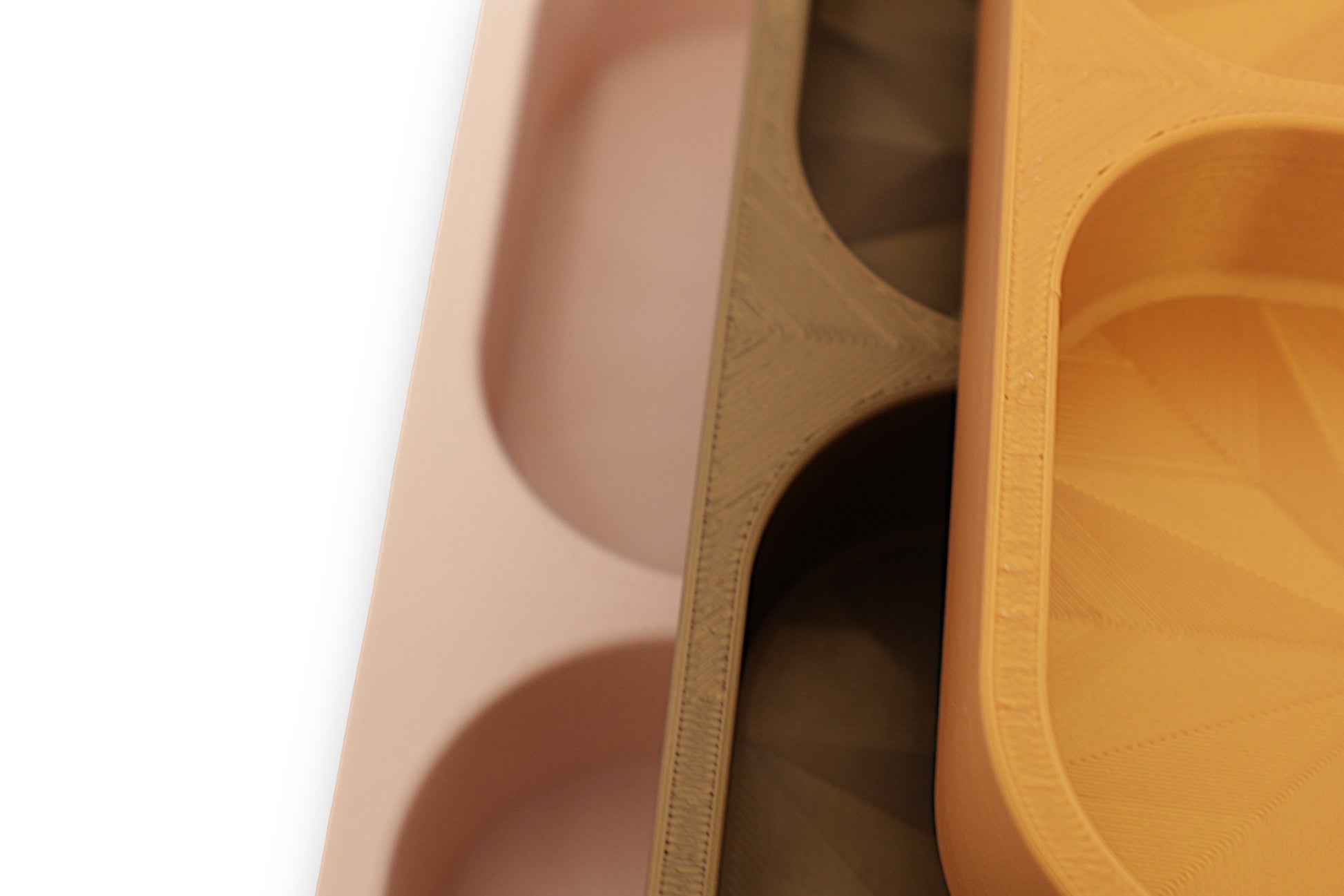 Catch-all trays – 3-pack set in mustard yellow, olive green, and light pink PLA, stacked square shape with mixed compartment layouts
