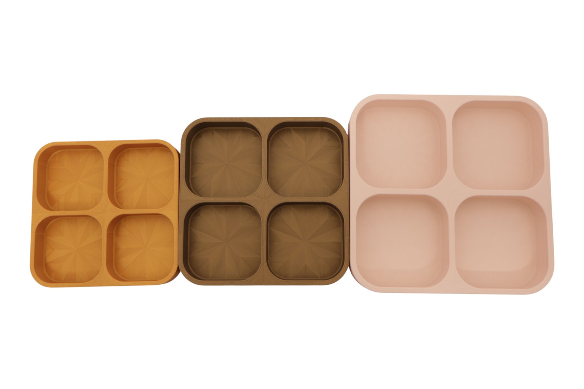 Catch-all trays – 3-pack set in mustard yellow, olive green, and light pink PLA, stacked square shape with mixed compartment layouts

