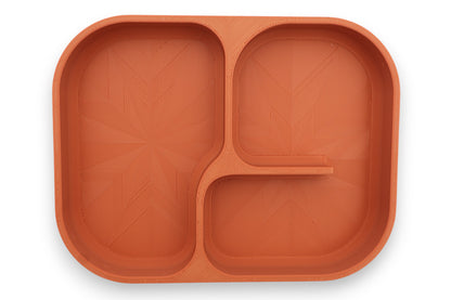 Compartment tray – terracotta PLA with three sections, shown holding black mouse, geometric surface pattern
