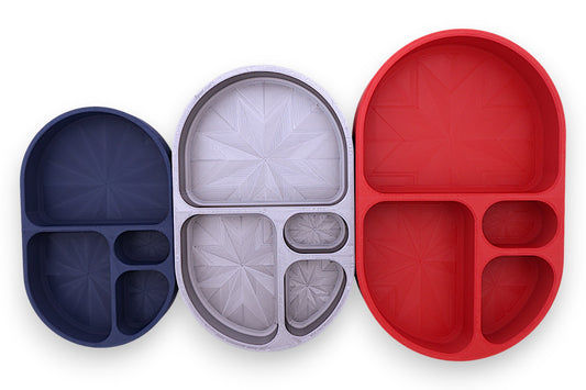 Compartment trays – 3-pack set in dark blue, light gray, and red , shown with keys, coins, and small items
