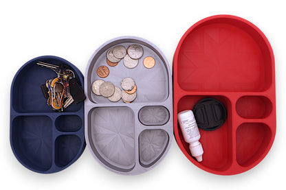 Compartment trays – 3-pack set in dark blue, light gray, and red , shown with keys, coins, and small items