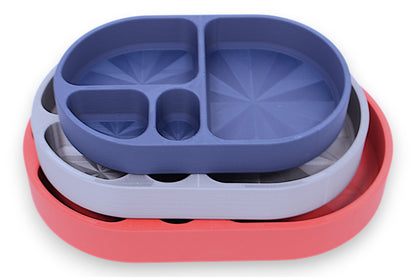 Compartment trays – 3-pack set in dark blue, light gray, and red , stacked with varied compartment layouts