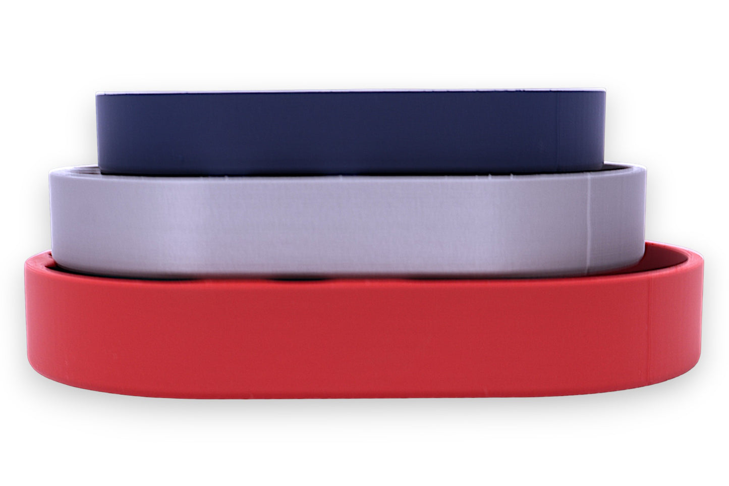 Compartment trays – 3-pack set in dark blue, light gray, and red , stacked with varied compartment layouts