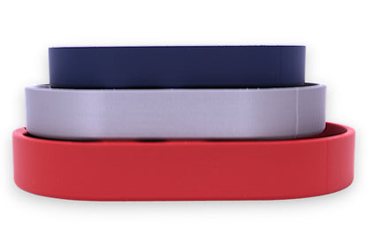 Compartment trays – 3-pack set in dark blue, light gray, and red , stacked with varied compartment layouts