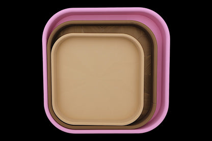 Catch-all trays – 3-pack set in pink, bronze, and beige PLA, nested square shape with rounded corners
