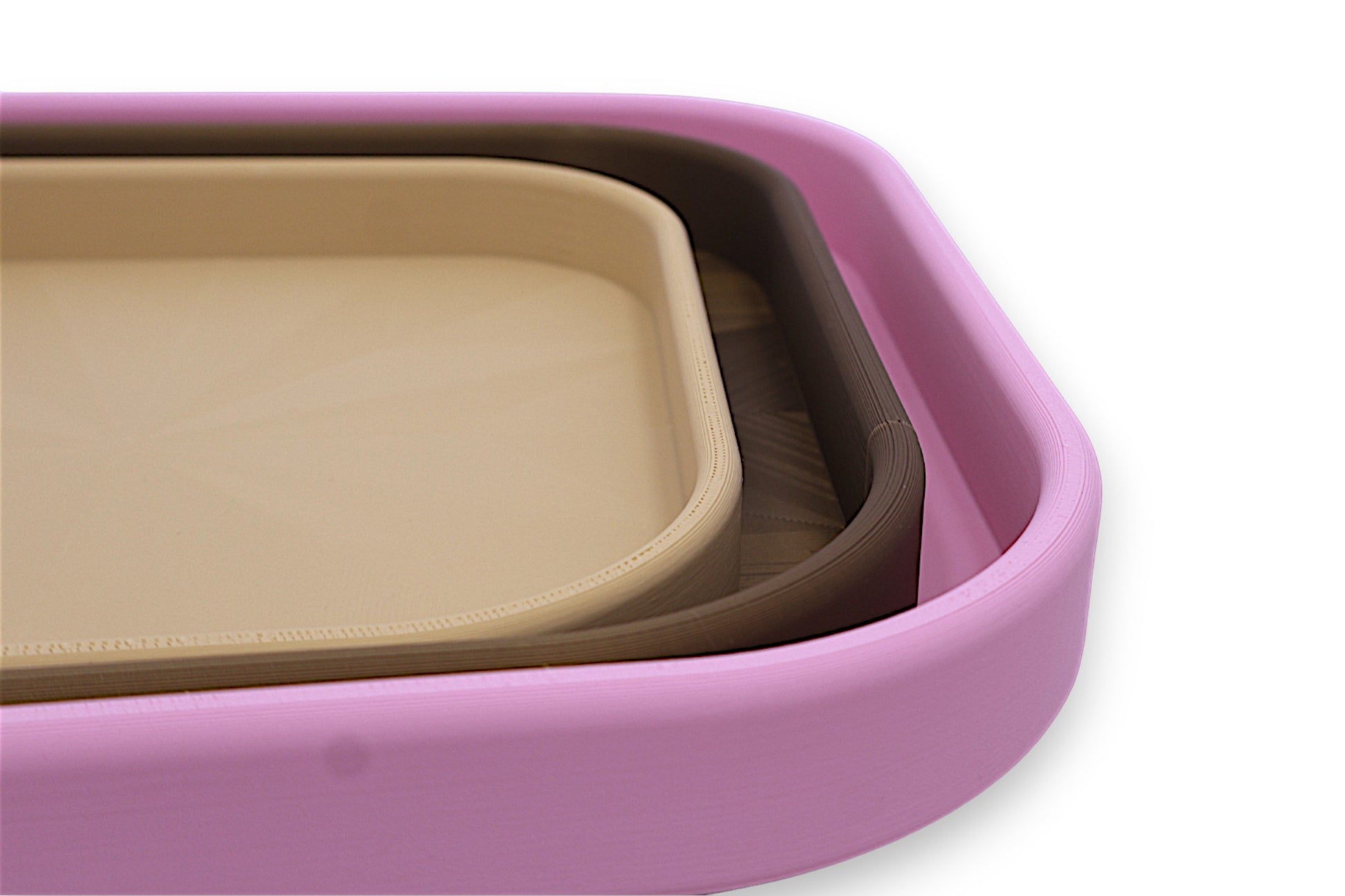 Catch-all trays – 3-pack set in pink, bronze, and beige PLA, nested square shape with smooth edges
