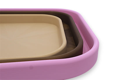 Catch-all trays – 3-pack set in pink, bronze, and beige PLA, nested square shape with smooth edges
