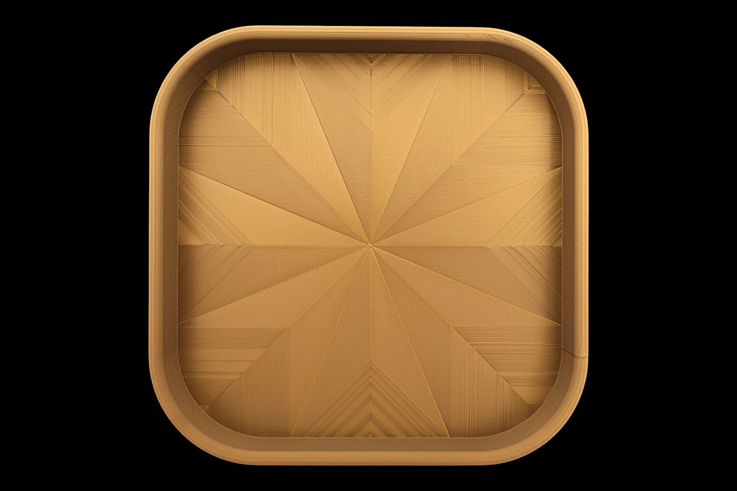 Catch-all tray – 3D printed in bronze PLA with square shape and starburst base pattern, shown empty
