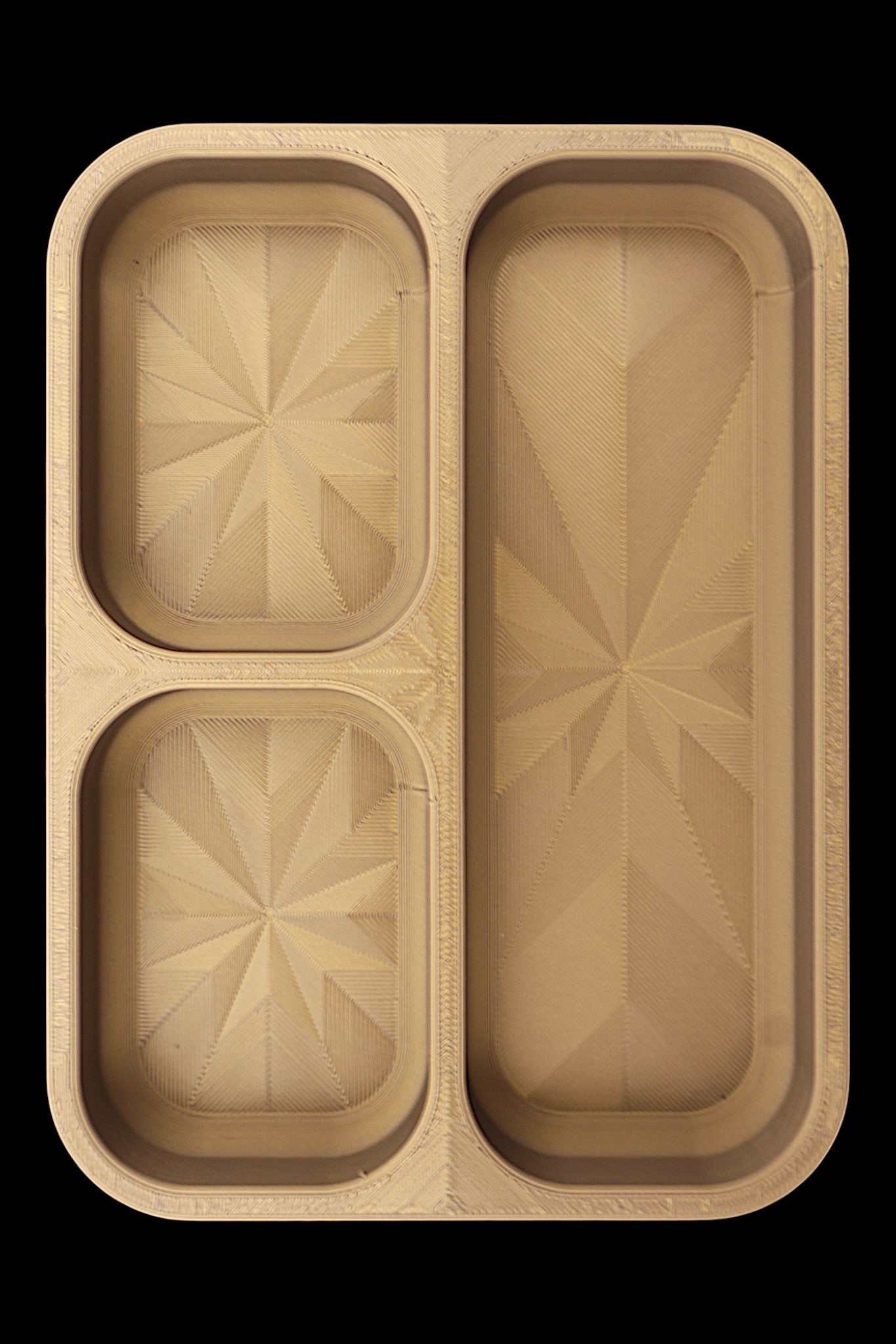 Catch-all tray – 3D printed in beige PLA with rectangular shape, three compartments and starburst base pattern
