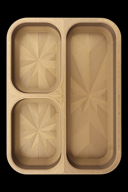 Catch-all tray – 3D printed in beige PLA with rectangular shape, three compartments and starburst base pattern
