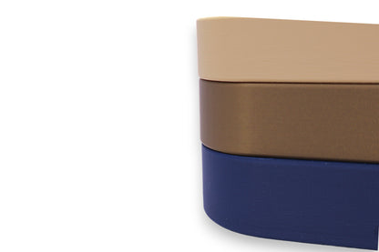 Catch-all trays – 3-pack set in beige, bronze, and navy blue PLA, stacked rectangular shape with rounded edges

