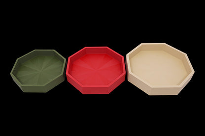 Catch-all trays – 3-pack set in green, red, and beige PLA, octagonal shape with starburst base pattern
