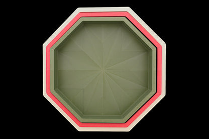 Catch-all trays – 3-pack set in olive green, red, and beige PLA, nested octagonal shape with radial base pattern
