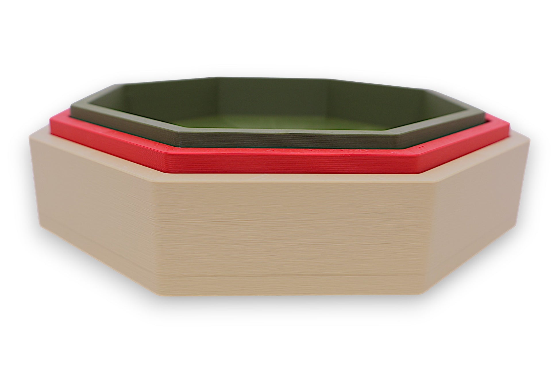 Catch-all trays – 3-pack set in beige, red, and green PLA, nested octagonal shape with textured base pattern
