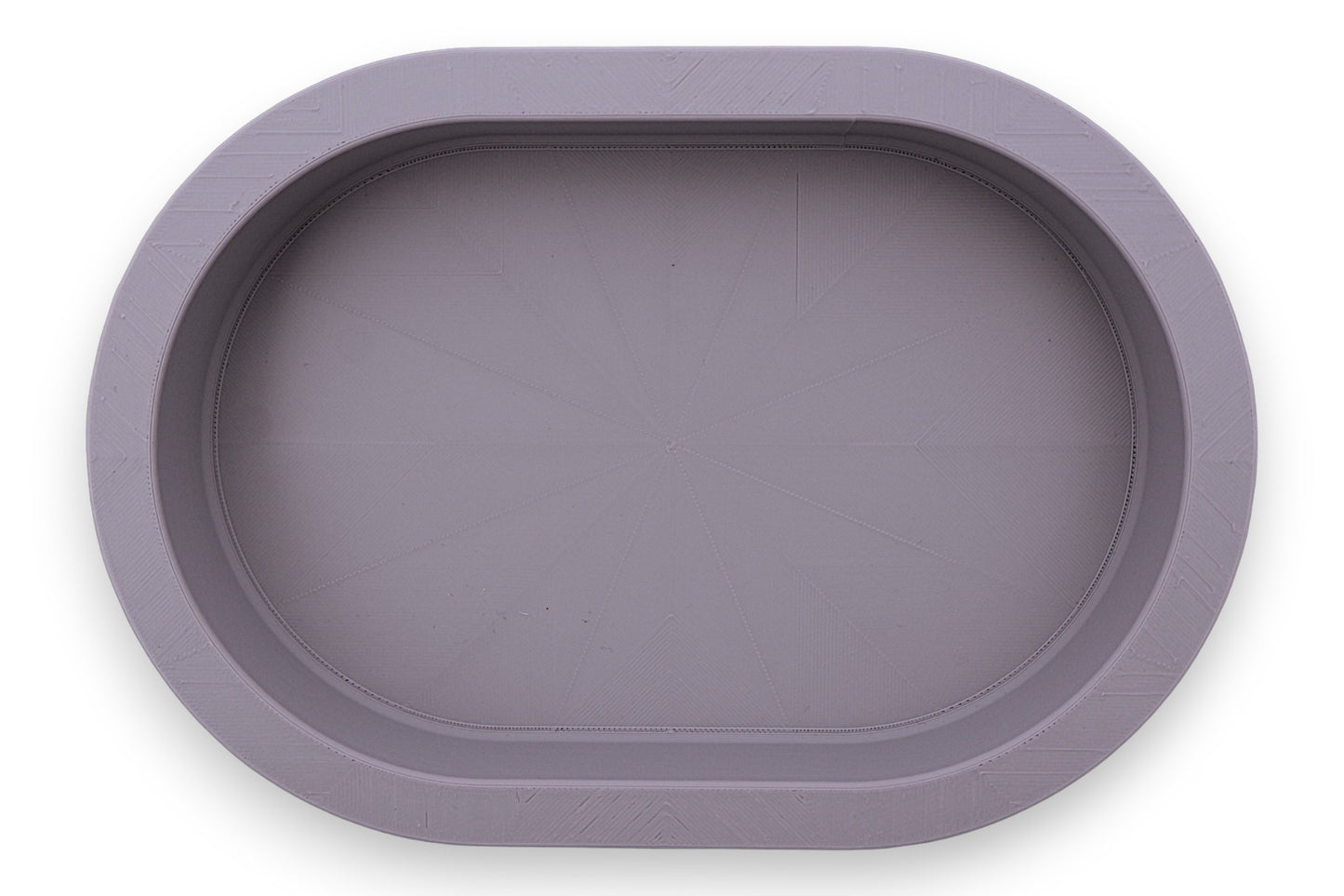 Catch-all tray – 3D printed in silver PLA with oval shape and subtle radial base pattern, shown empty
