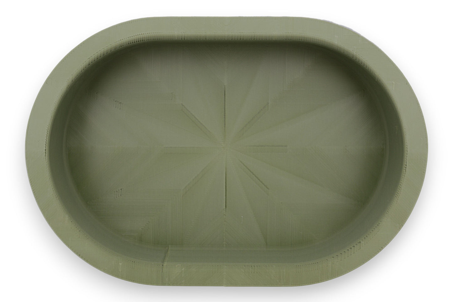 Catch-all tray – 3D printed in green PLA with oval shape and starburst base pattern, shown empty
