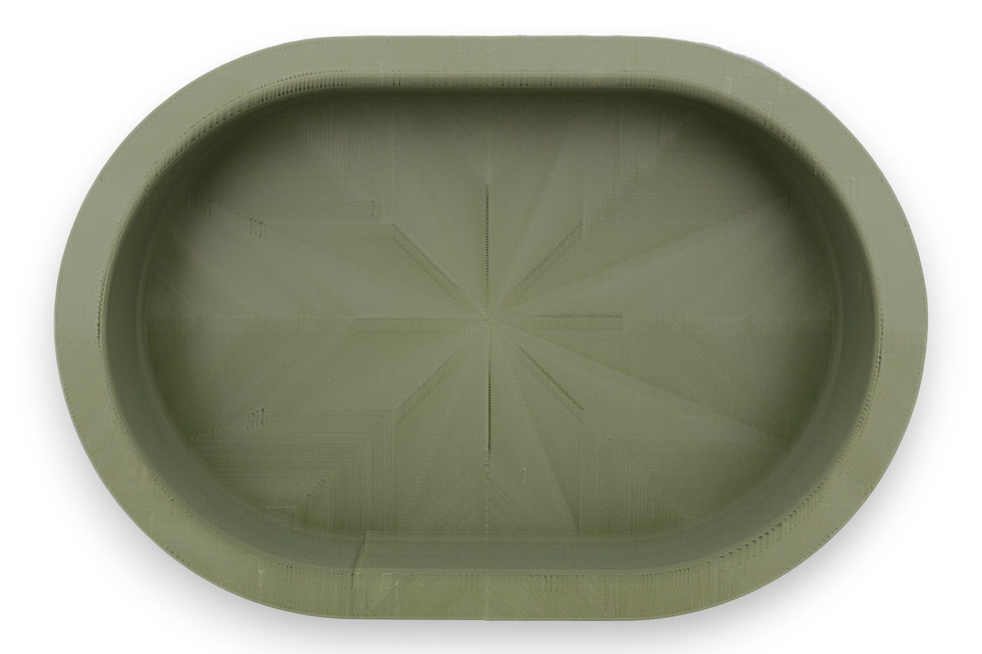 Catch-all tray – 3D printed in green PLA with oval shape and starburst base pattern, shown empty
