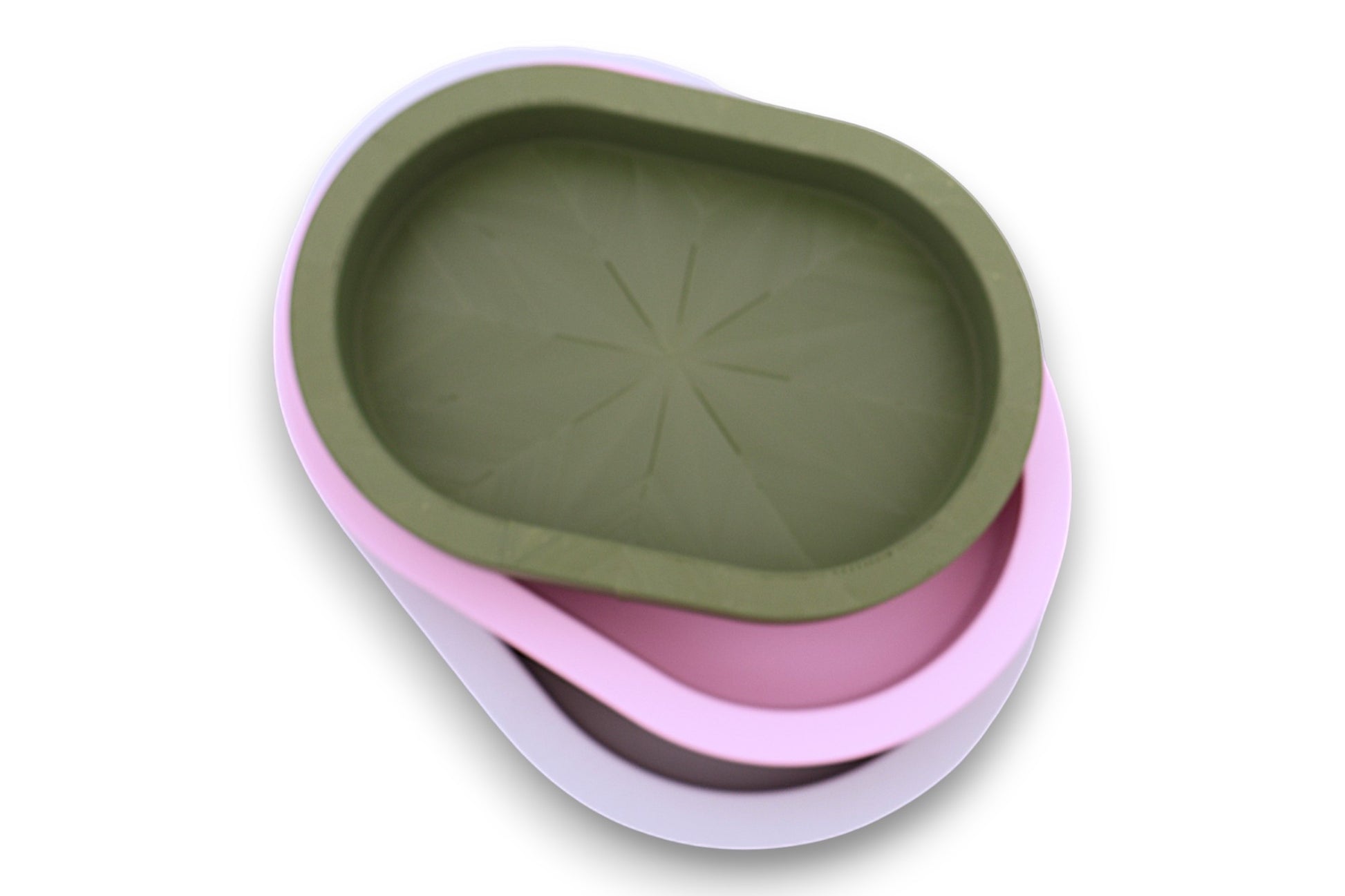 Catch-all trays – 3-pack set in green, pink, and white PLA, nested oval shape with starburst base pattern
