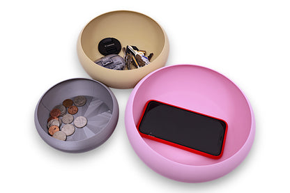 Catch-all trays – 3-pack set in Tan, Silver, and pink PLA, shown with keys, coins, and smartphone for scale
