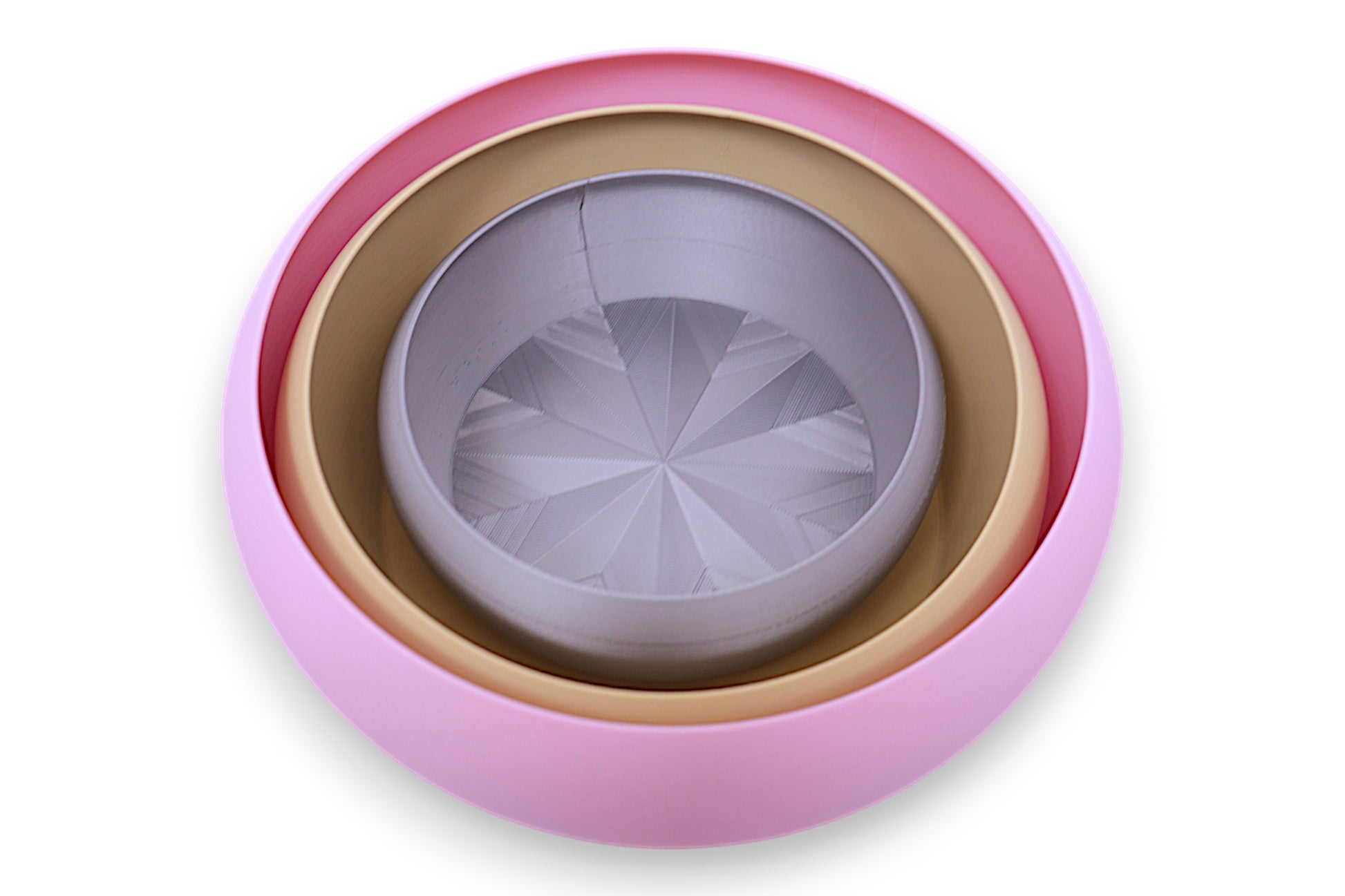 Catch-all tray – top-down view of gray PLA tray with geometric mesh base, starburst pattern
