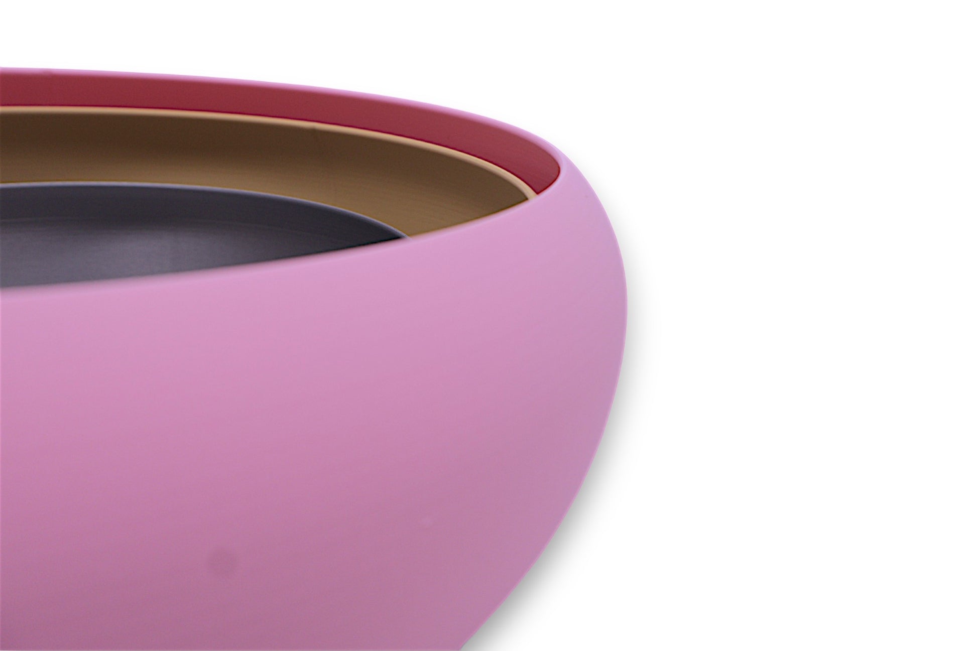 Catch-all tray – pink PLA outer ring with tan and dark gray inner layers, smooth curved surface
