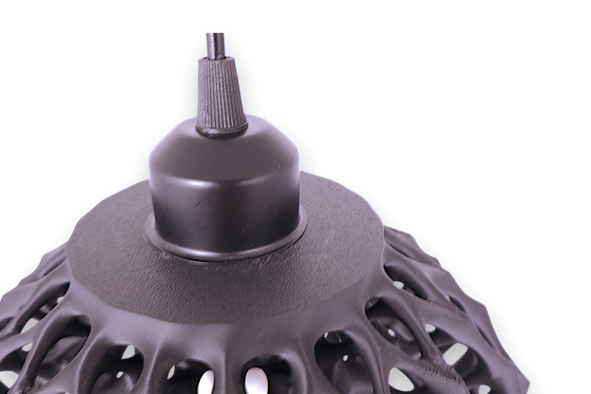 Black pendant light with curved openings and ribbed connector detail