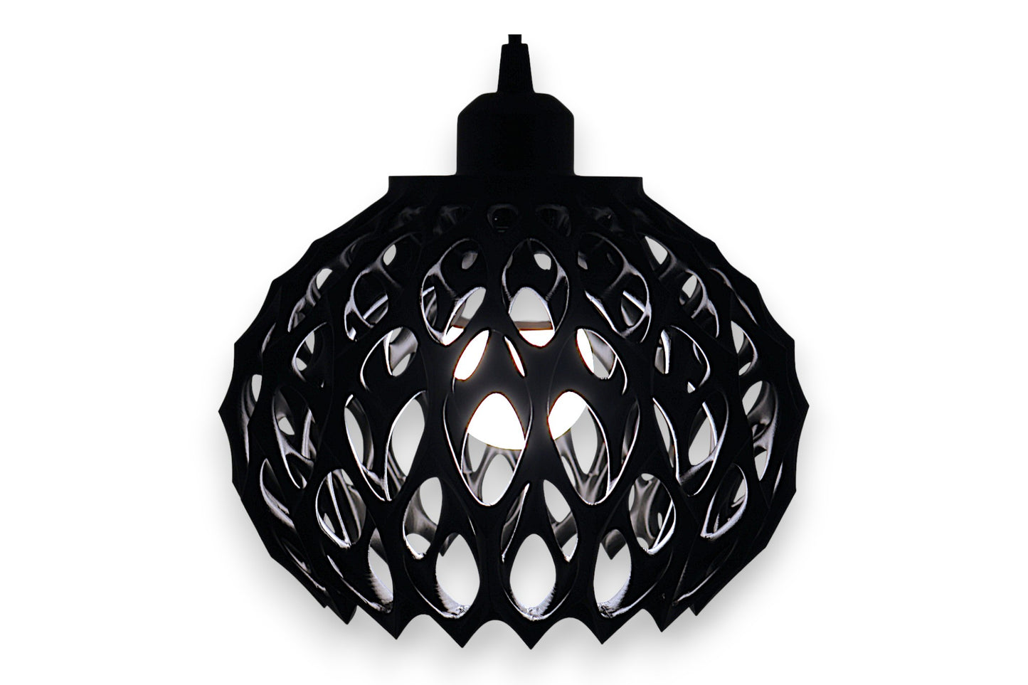 Black spherical pendant light with cellular lattice shell and visible bulb