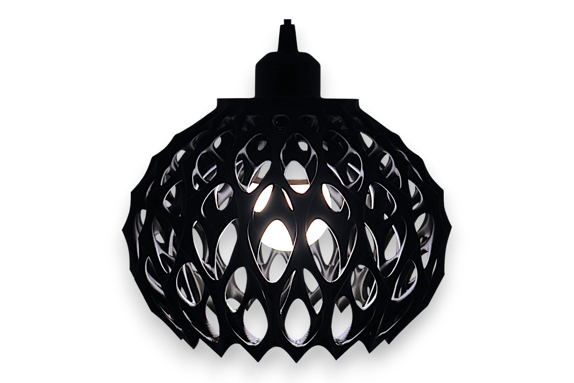 Black spherical pendant light with cellular lattice shell and visible bulb