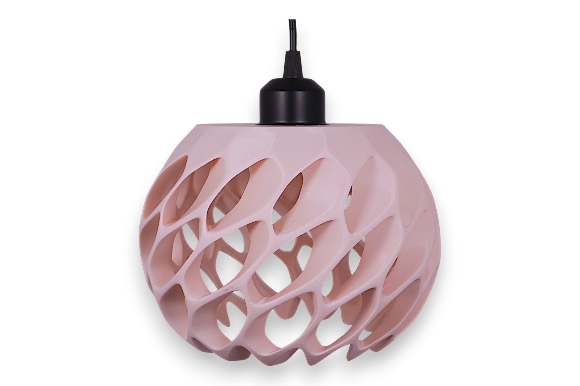 Pendant lamp – 3D printed with pale pink spherical shell and interwoven curved cutouts, suspended by black cord
