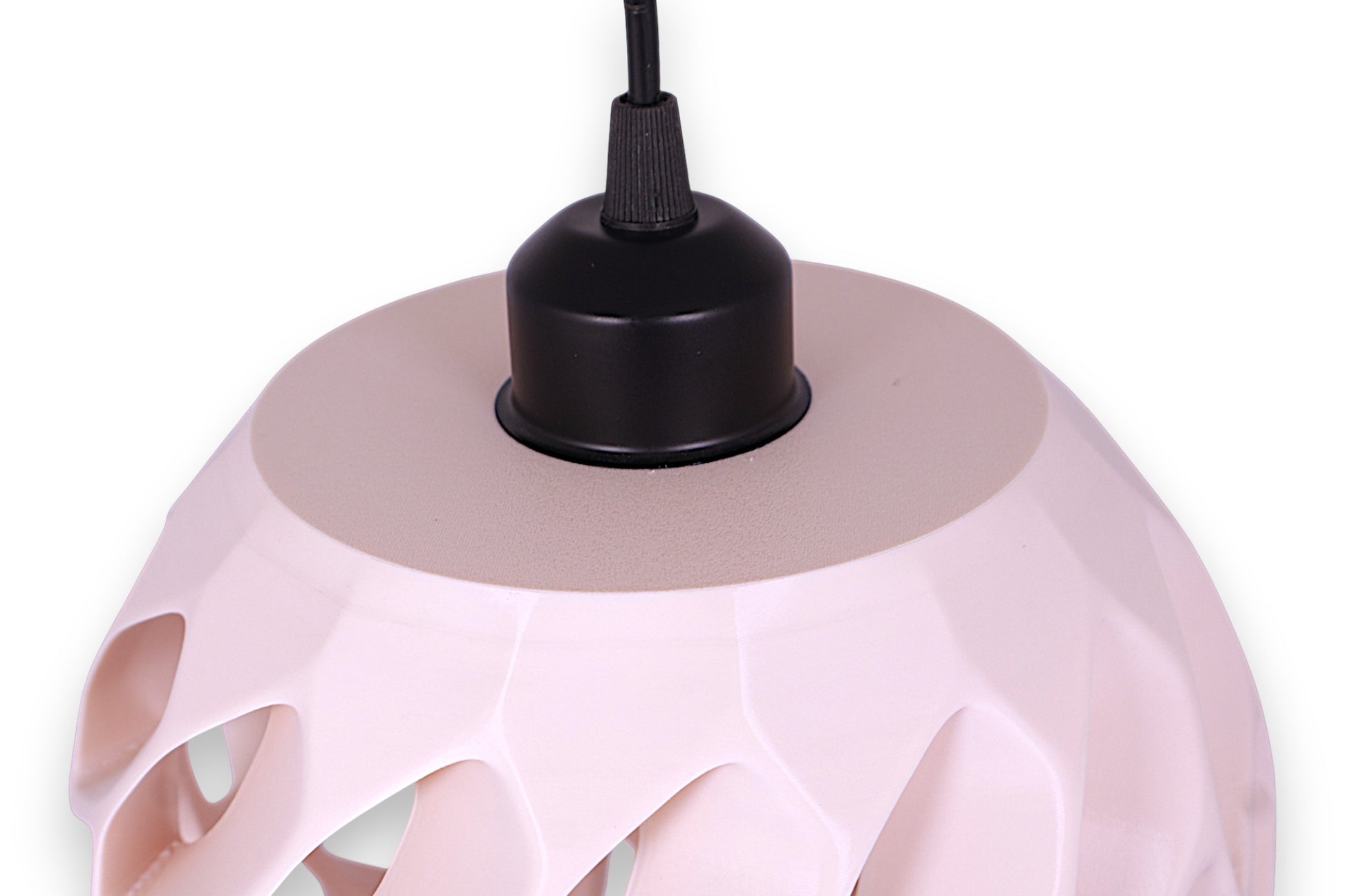 Pendant lamp – 3D printed with pink shell and organic cutouts, smooth circular top with black center mount
