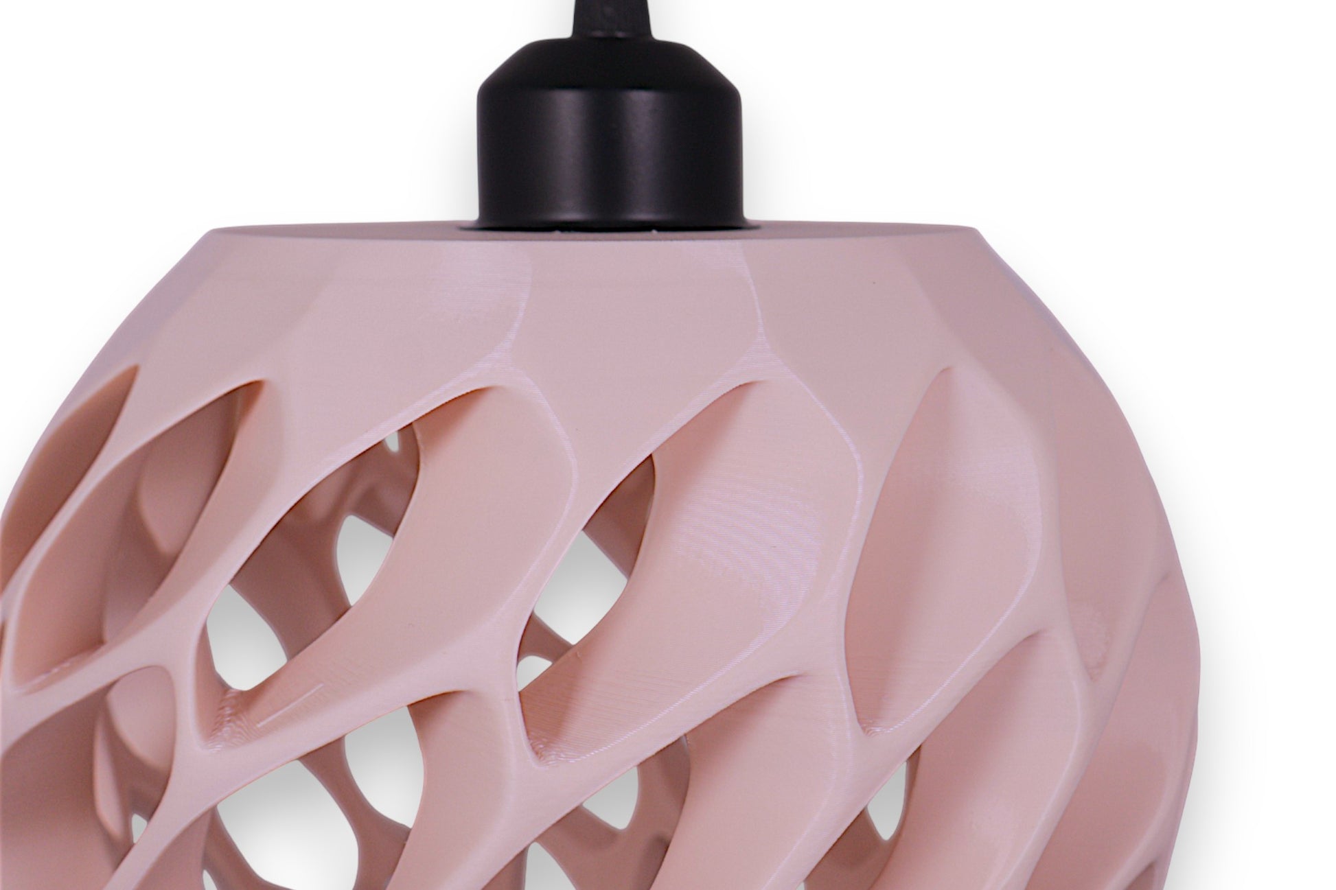 Pendant lamp – 3D printed with light pink shell and curved lattice-style openings, sculptural matte finish
