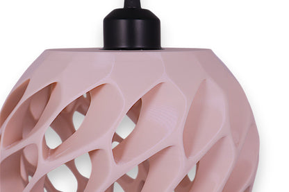 Pendant lamp – 3D printed with light pink shell and curved lattice-style openings, sculptural matte finish
