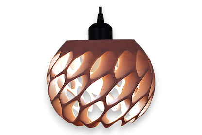 Pendant lamp – 3D printed with pale pink spherical shell and interwoven curved cutouts, suspended by black cord
