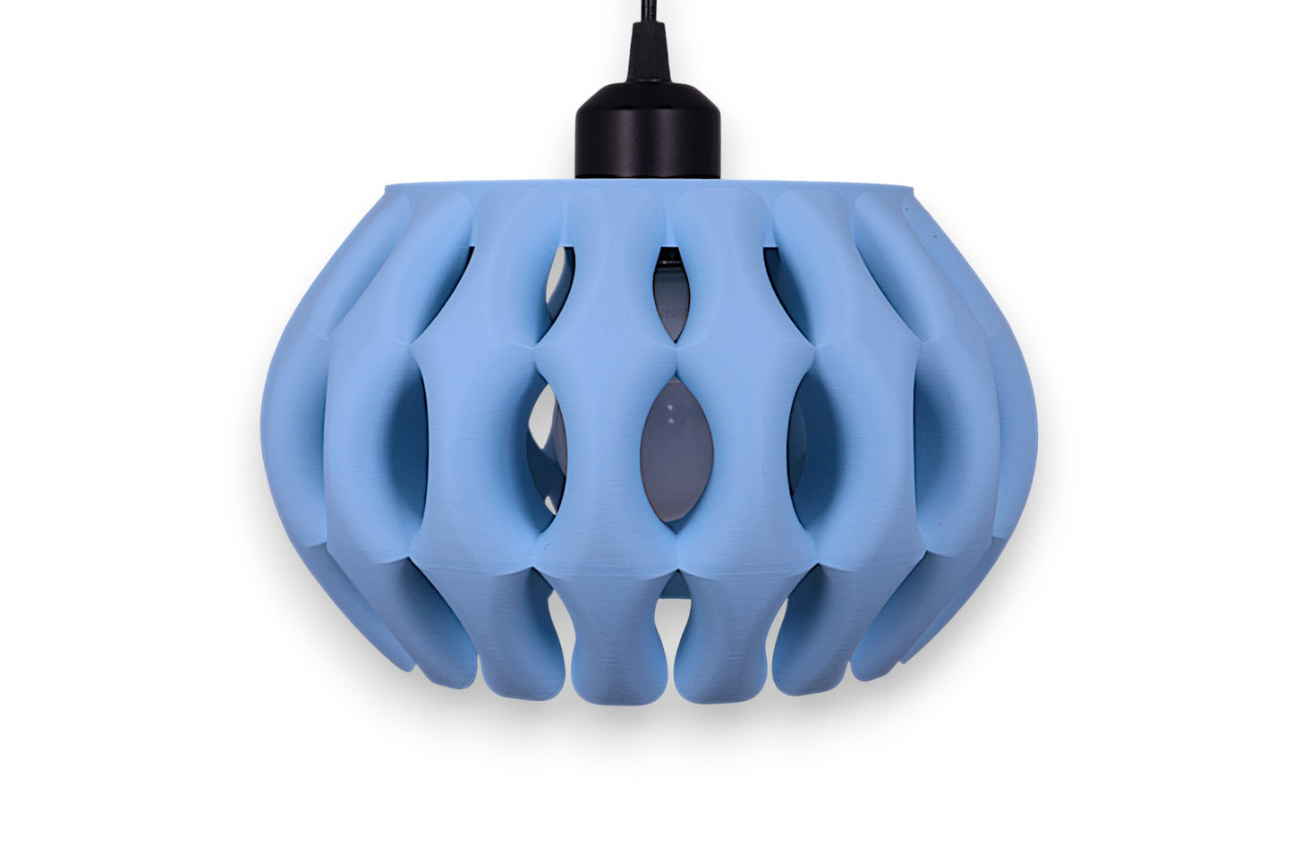 Pendant lamp – 3D printed in ice blue PLA with slatted shell and solid circular top, black cord mount centered
