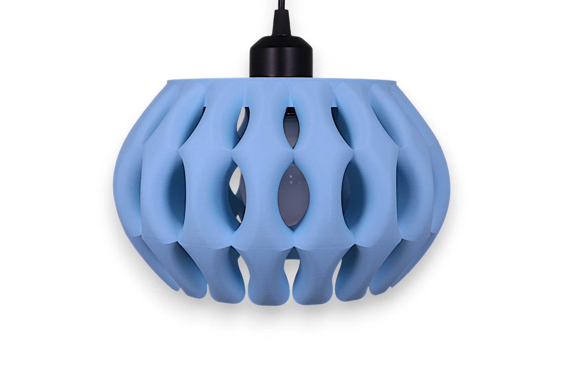 Pendant lamp – 3D printed in ice blue PLA with slatted shell and solid circular top, black cord mount centered
