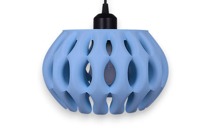 Pendant lamp – 3D printed in ice blue PLA with slatted shell and solid circular top, black cord mount centered
