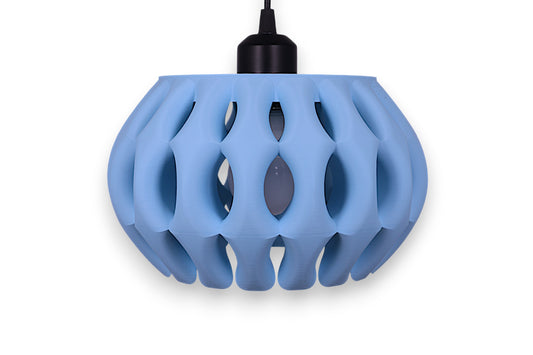 Pendant lamp – 3D printed in ice blue PLA with slatted shell and solid circular top, black cord mount centered
