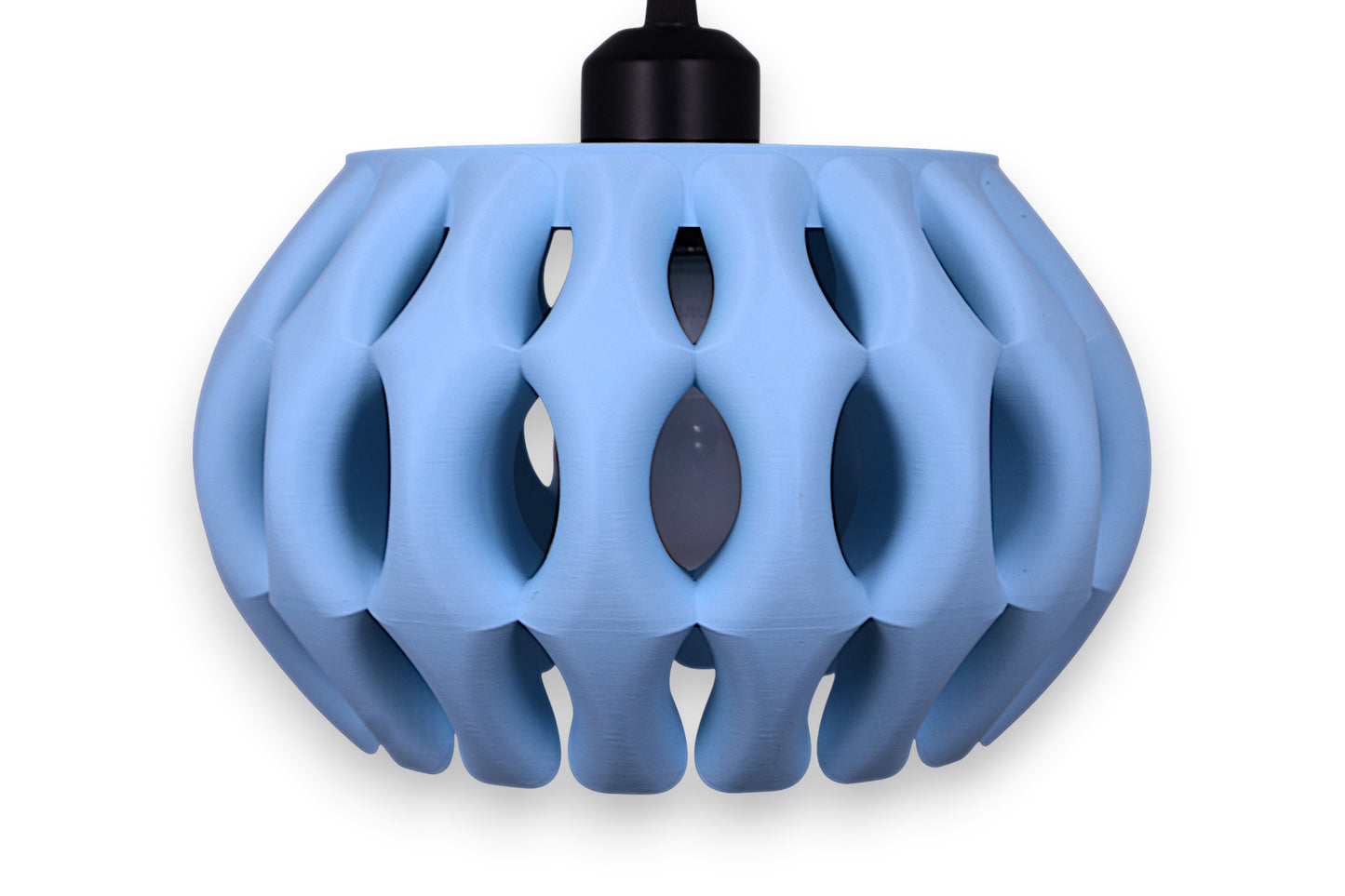 Blue pendant light with a unique geometric design on a white background