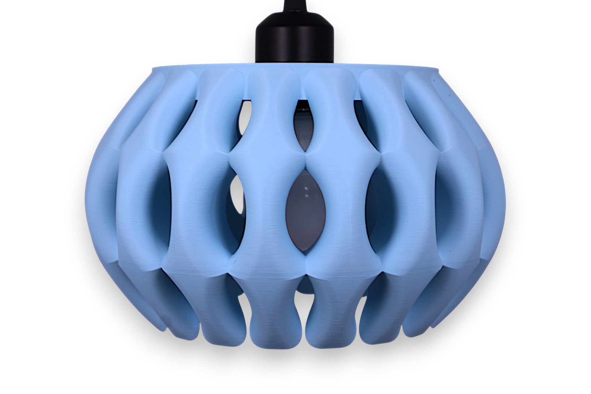 Blue pendant light with a unique geometric design on a white background
